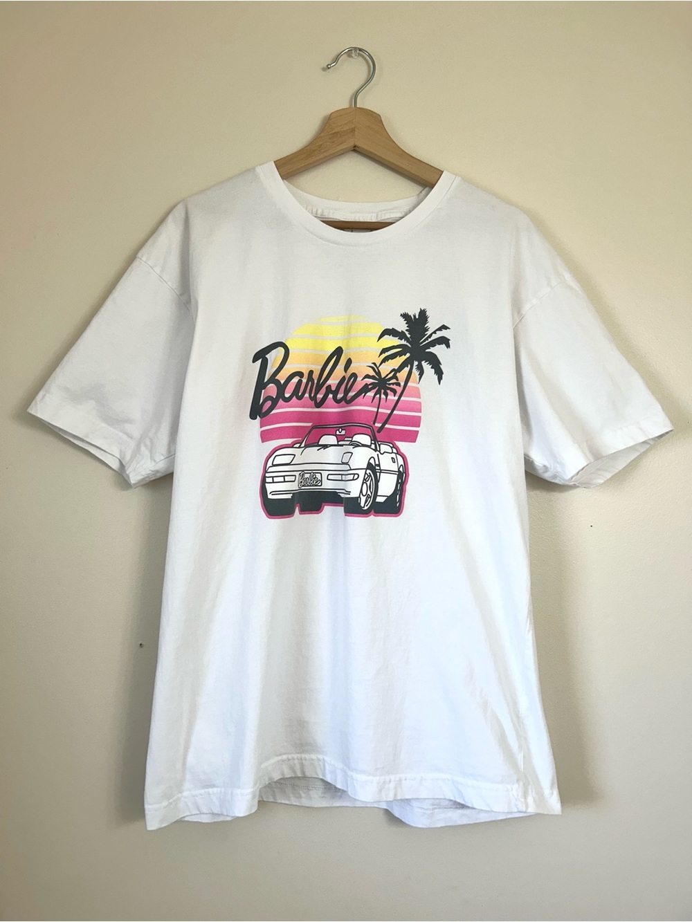 Official Barbie Tee by Mattel White Tee with Pink & Yellow Sunset Graphic | XL